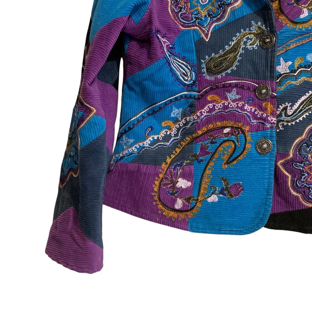 Vintage Y2K Julia Kim Blue Purple Corduroy Paisley Patchwork Blazer Size Medium - Picture 11 of 16